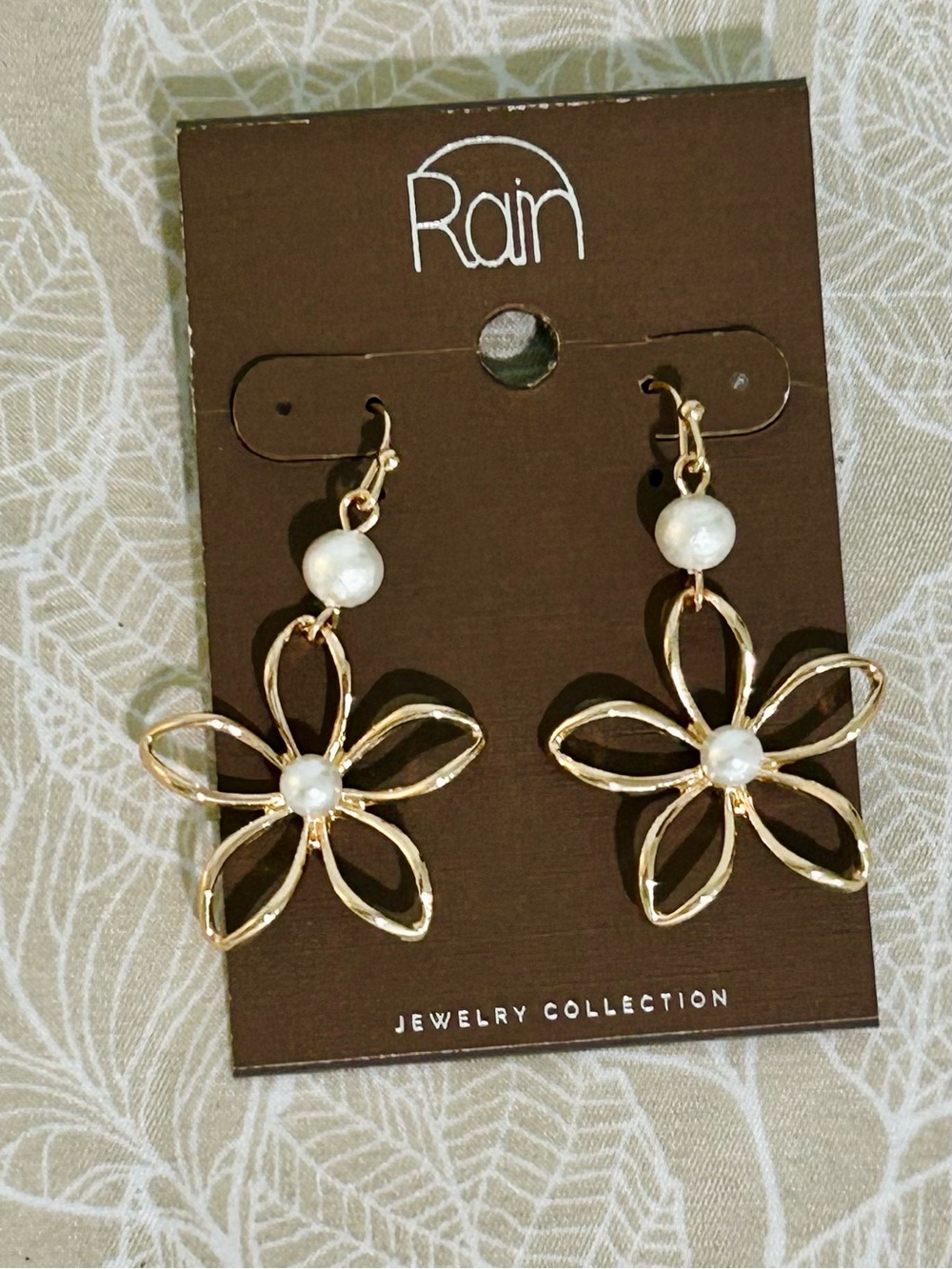 Rain Gold Tone Flower Dangle Earrings White Imitation Pearls Hook Nickel-Free